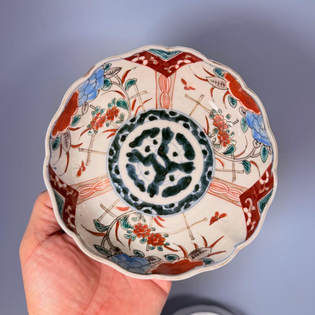 江戸期　古伊万里　染錦花蝶図膾皿　七客　なます皿　古器を楽しむ　料理屋　収集家