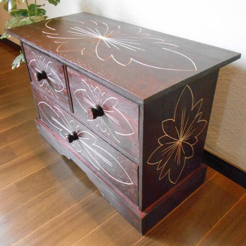 980円 値下げ品‼︎ 花柄模様 チェスト アジアン家具 バリ家具 完成品家具