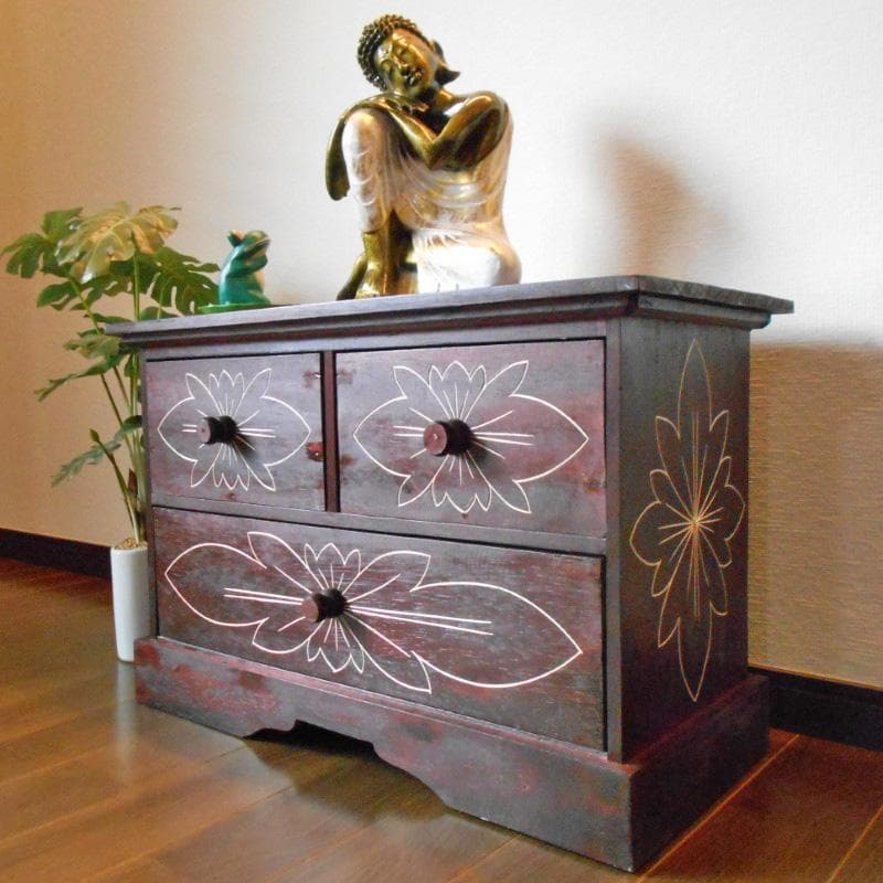 980円 値下げ品‼︎ 花柄模様 チェスト アジアン家具 バリ家具 完成品家具