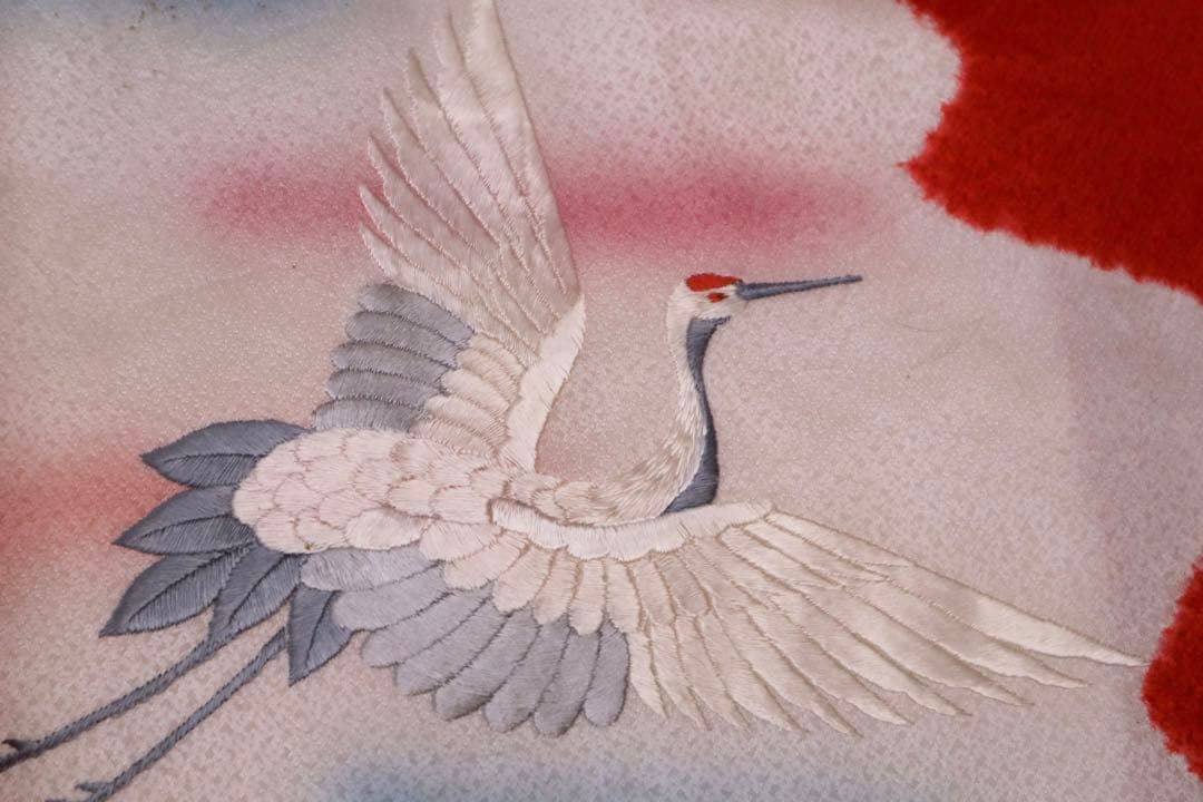 美品　正絹　総絞り　鶴　七五三　３歳　被布　セット　刺繍　産着
