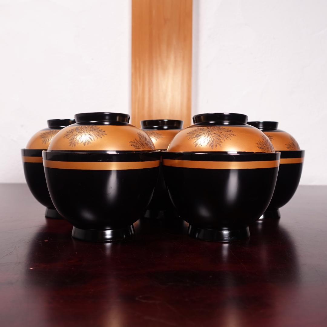 輪島塗 黒塗 蒔絵 草彫 吸物椀 5客 共箱 天然木製漆器