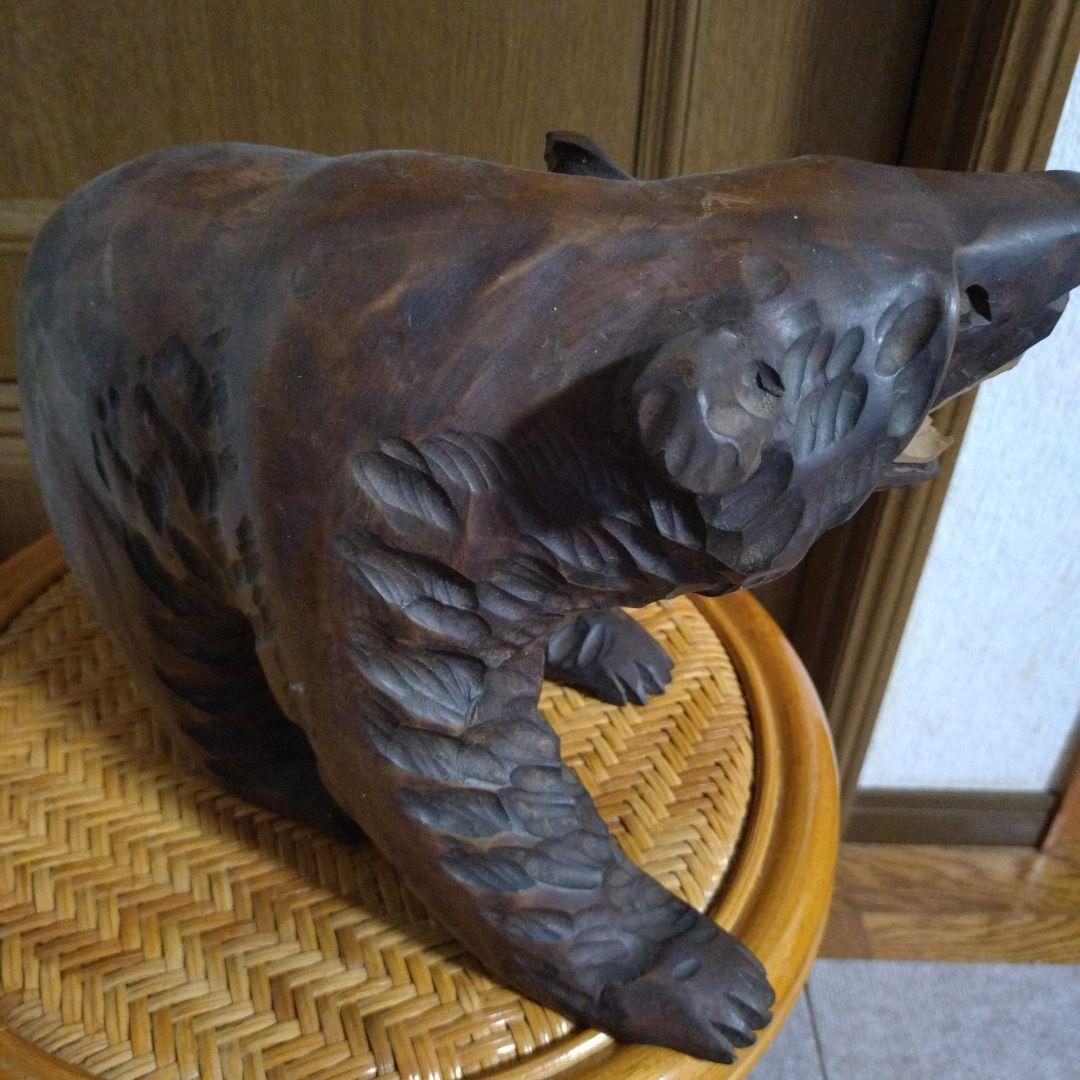 熊　木彫り　口を開けた迫力あるクマの木製彫刻 置物