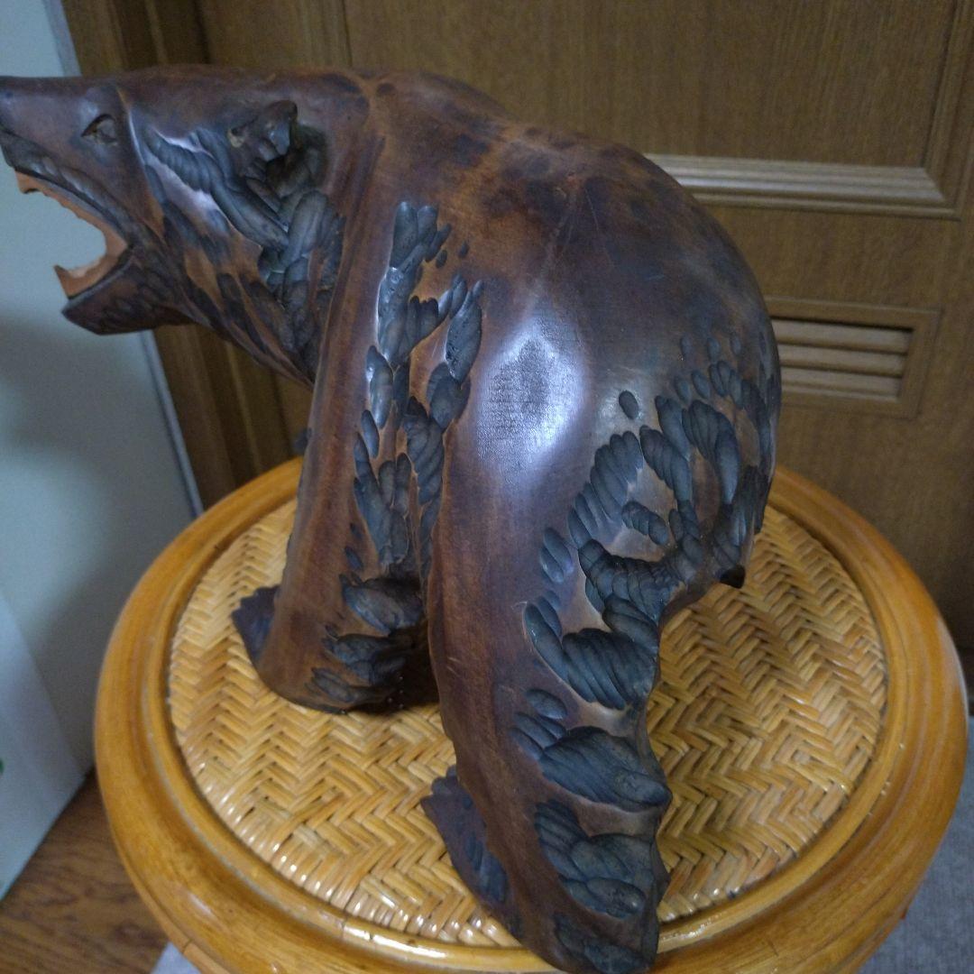 熊　木彫り　口を開けた迫力あるクマの木製彫刻 置物