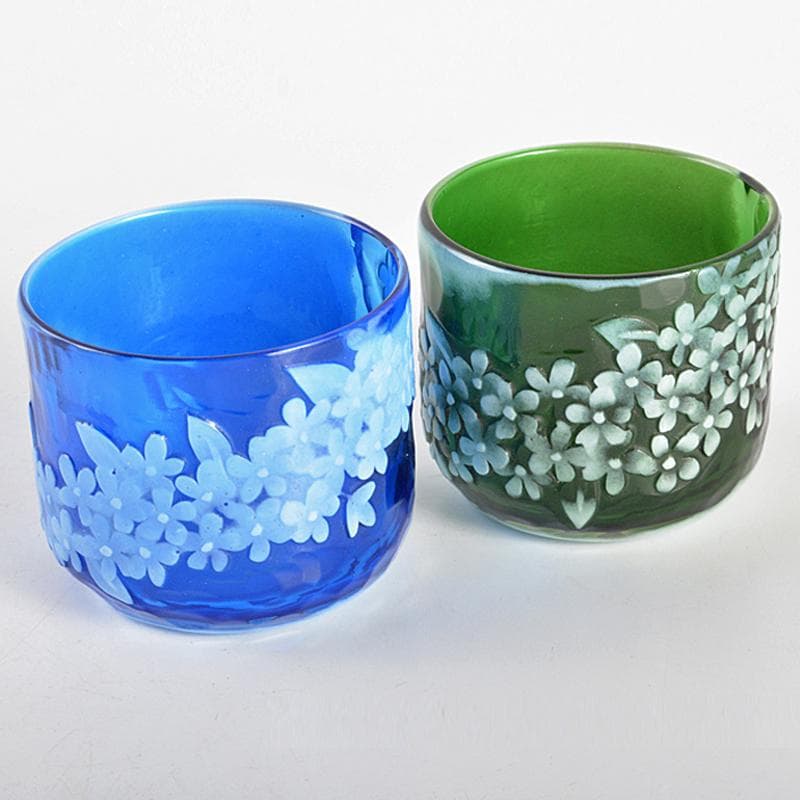 ガラス工芸　睦彰銘　花文　盃　一對　C　R6831