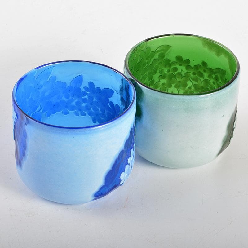 ガラス工芸　睦彰銘　花文　盃　一對　C　R6831