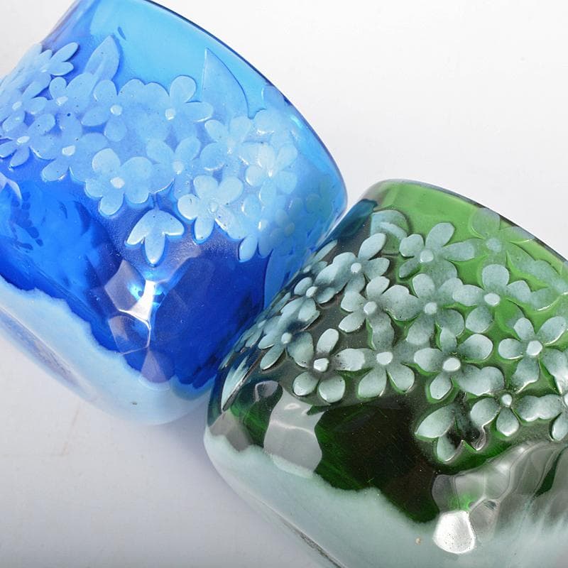 ガラス工芸　睦彰銘　花文　盃　一對　C　R6831