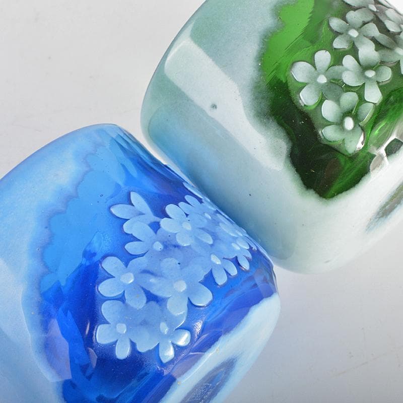 ガラス工芸　睦彰銘　花文　盃　一對　C　R6831