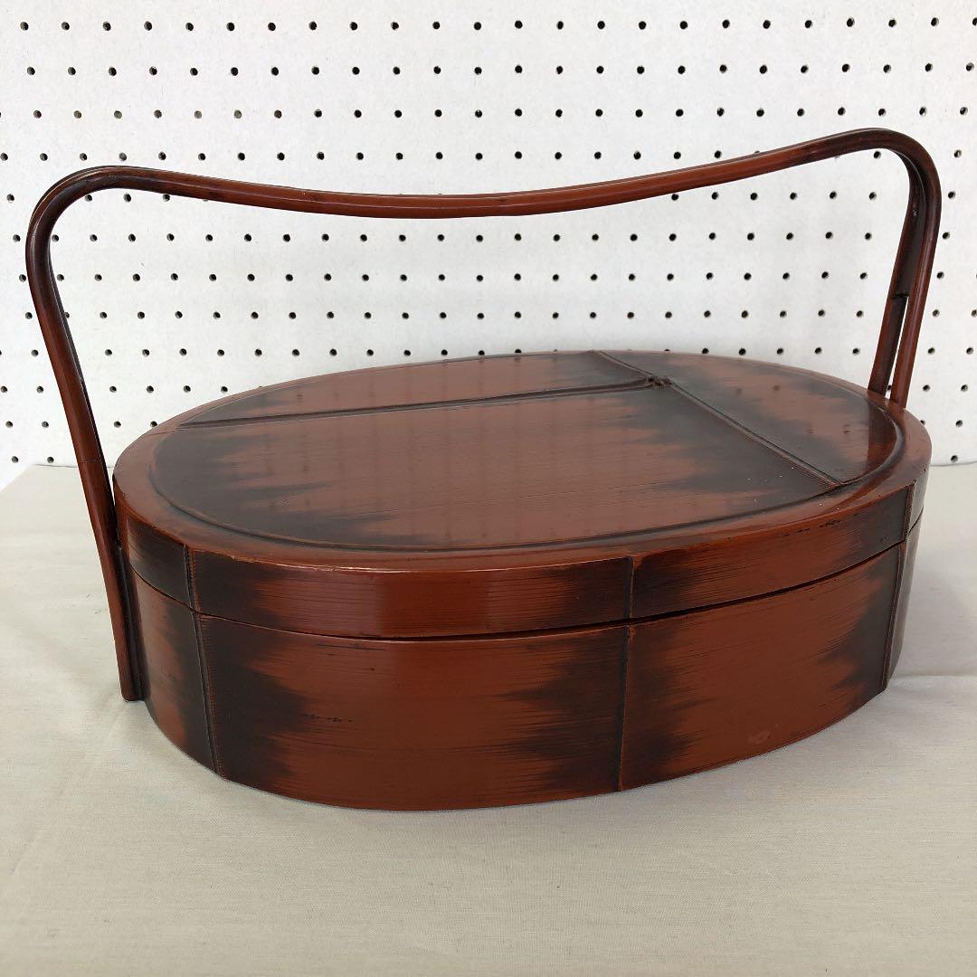 茶道具•新潟漆器 手付きの竹塗楕円型茶櫃