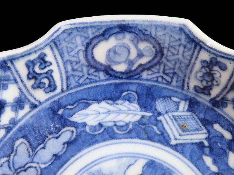 古伊万里　染付　吉祥紋に山村の図　六角豆皿　AS-DBe