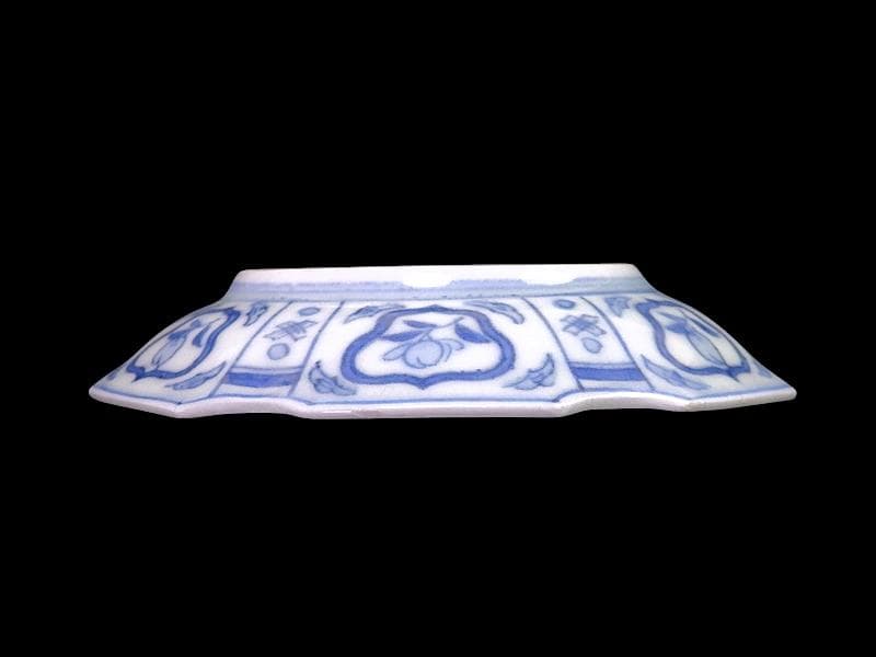 古伊万里　染付　吉祥紋に山村の図　六角豆皿　AS-DBe