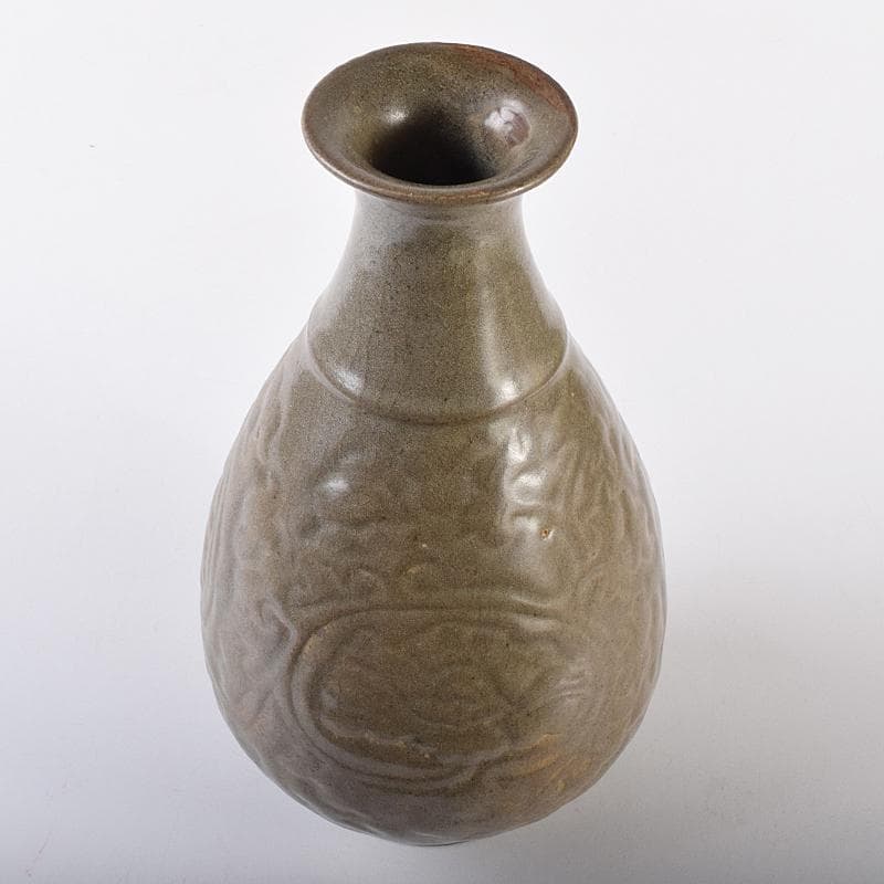 中国　耀州窯　青磁　陽刻　牡丹文　花入　相国寺　有馬頼底書付箱　M　R7802B