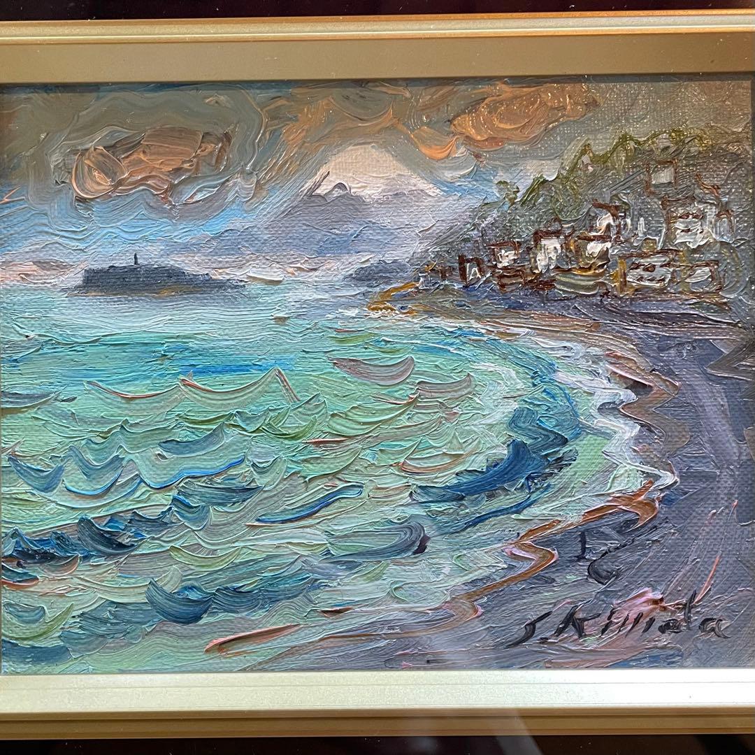 木俣滋彦「江ノ島・富士」油彩画　風景　鎌倉　額付　本人サイン入　25.11.28