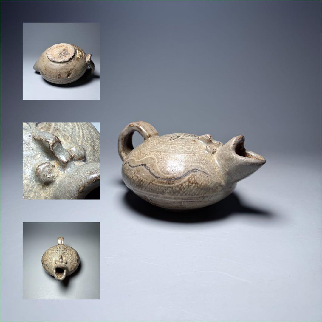 李朝　粉青沙器水滴　象嵌　印花　灰釉薬　朝鮮美術　珍品　古美術　李朝コレクター