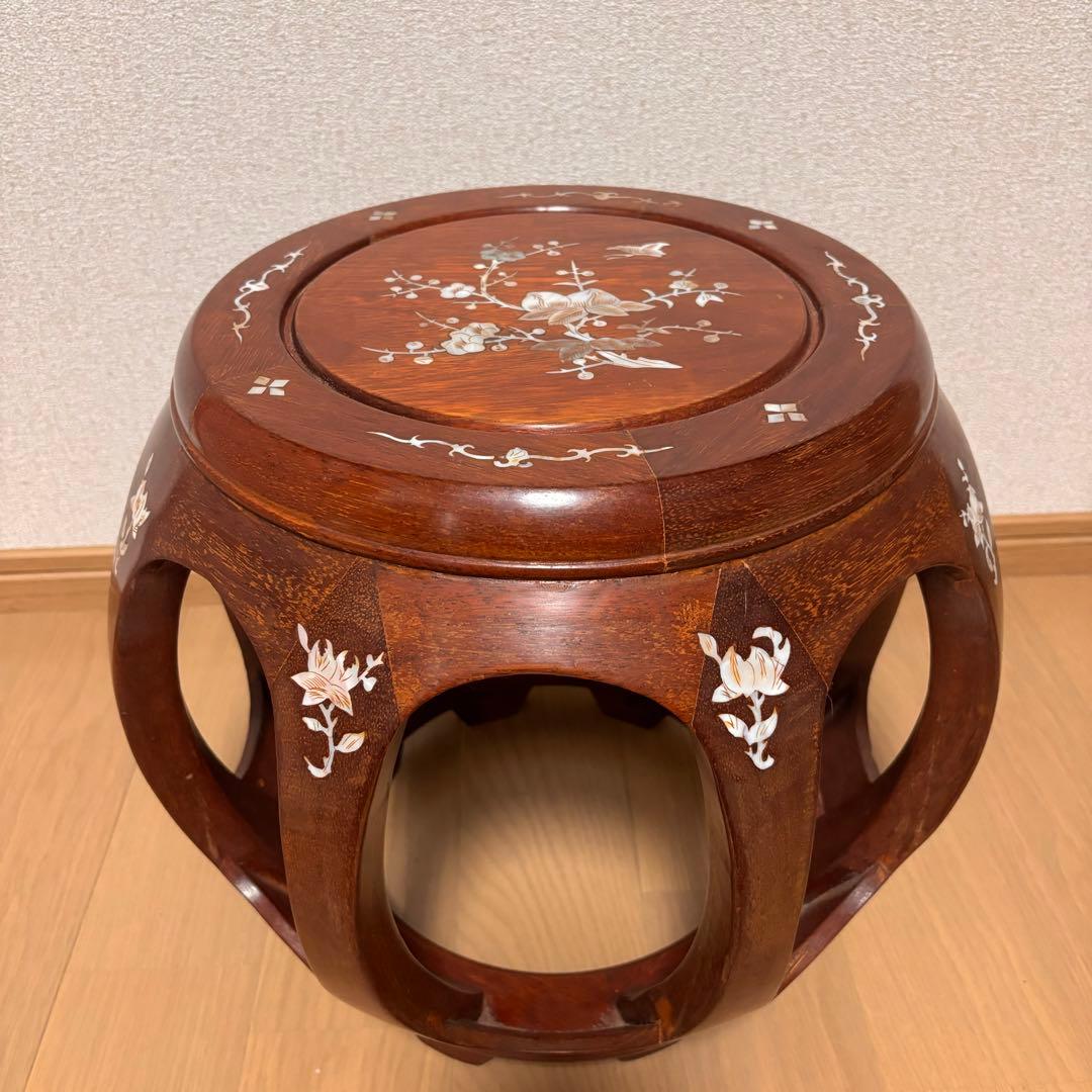 【美品】花梨 無垢 螺鈿細工 丸椅子 スツール 腰掛け 中国美術 工芸品