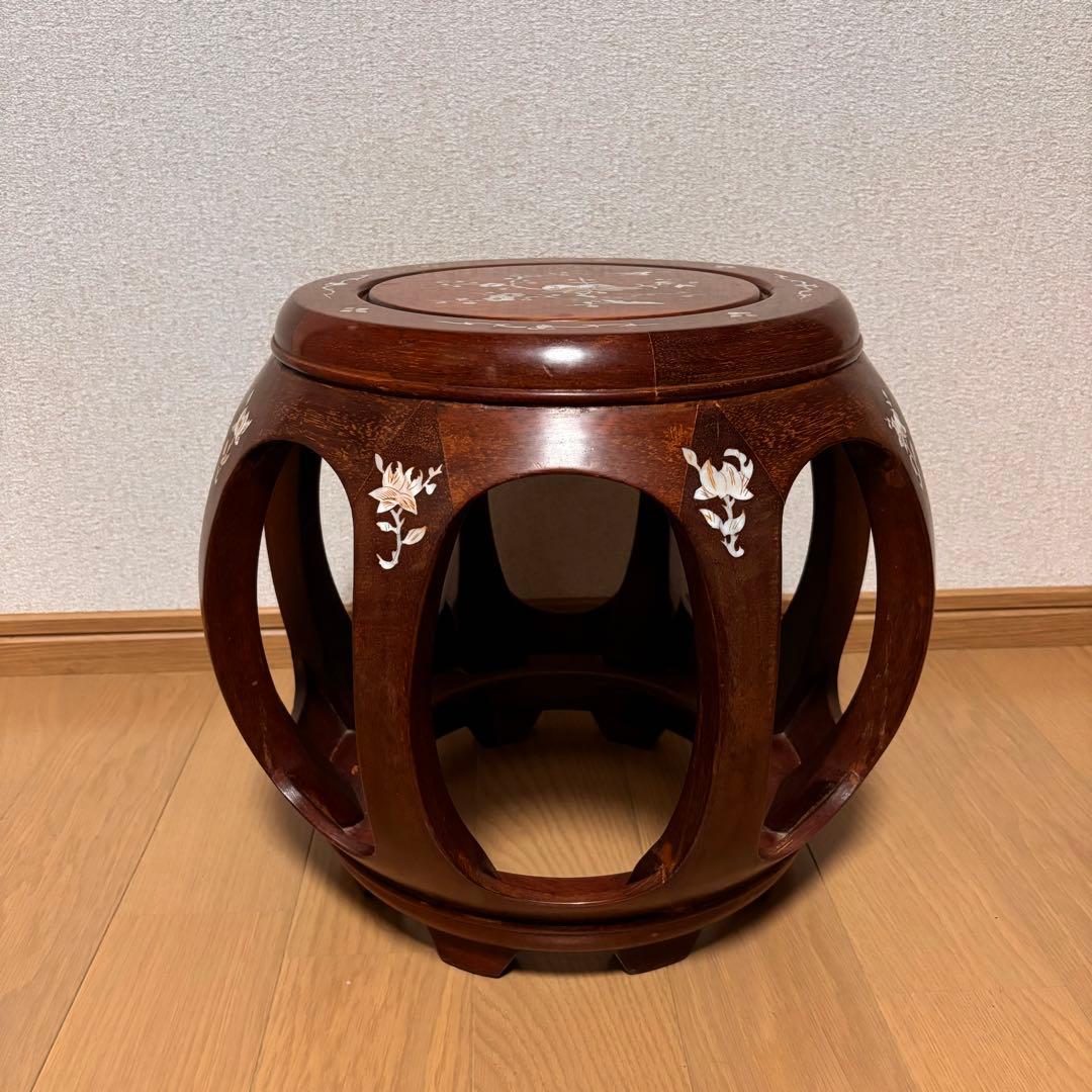 【美品】花梨 無垢 螺鈿細工 丸椅子 スツール 腰掛け 中国美術 工芸品