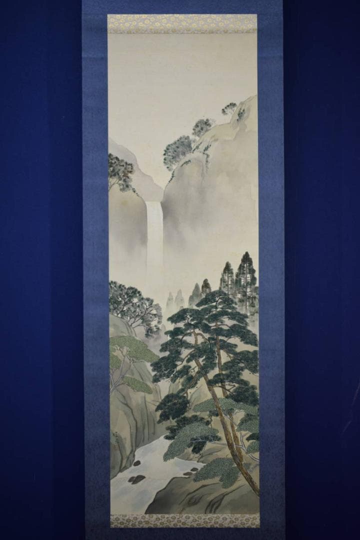 真作/平三/渓山清風/山水瀧図/滝/山水図/桐共箱付/布袋屋掛軸A-92