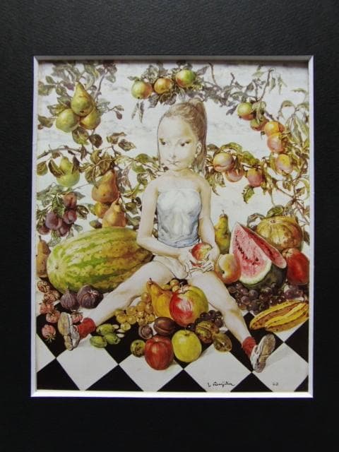藤田嗣治、【少女と果物】、希少な額限定装用画集より、新品額装付