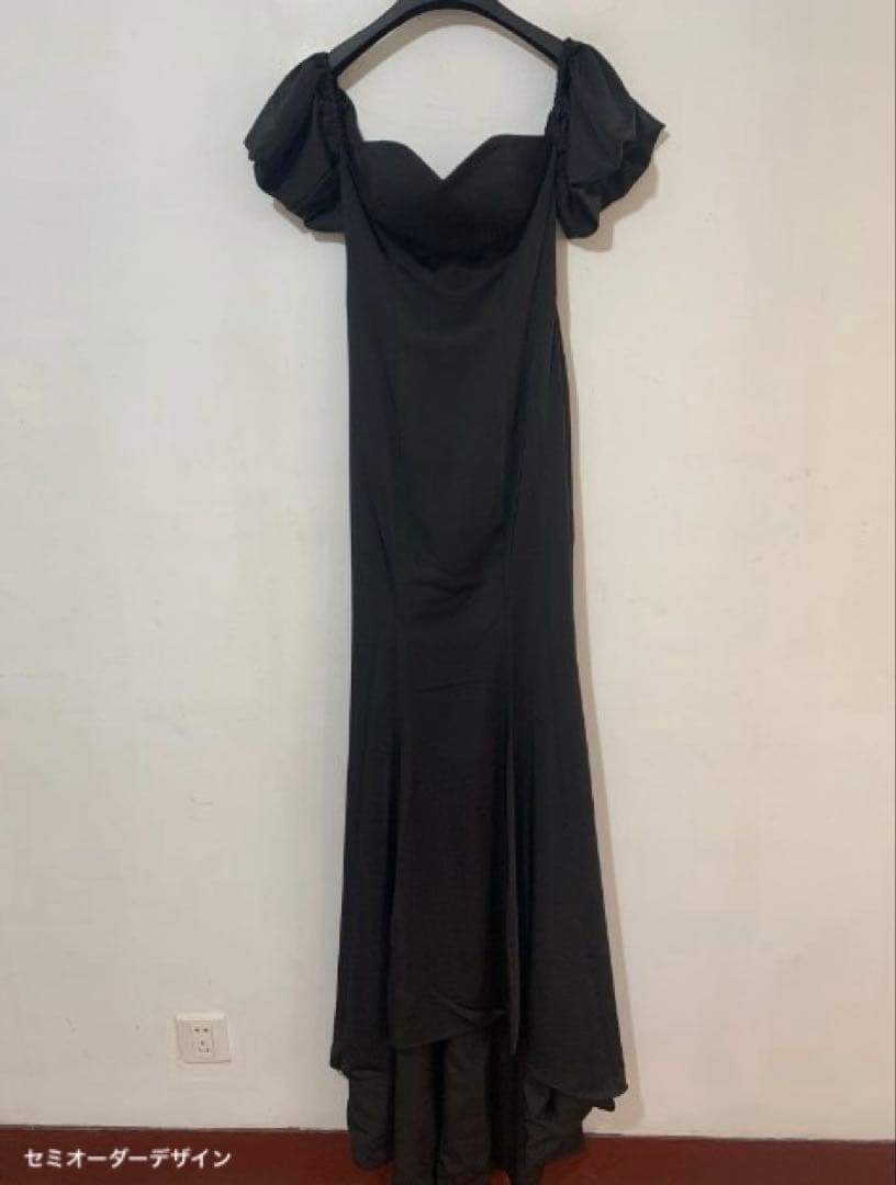 オフショルダー ボリューム袖 サテン ブラック ソフトマーメイドドレス