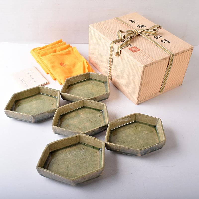 瀬戸焼　鼎窯　加藤春鼎　加藤孝作　灰釉　六角向付　五客　共布共箱　V　R8245