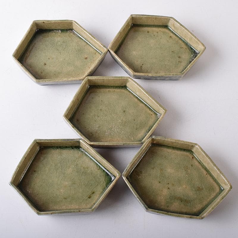 瀬戸焼　鼎窯　加藤春鼎　加藤孝作　灰釉　六角向付　五客　共布共箱　V　R8245