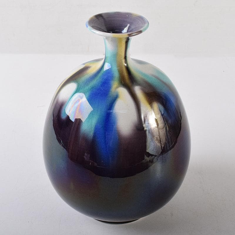 九谷焼　柳雨軒　三代八十吉　徳田正彦作　彩釉　壷　共箱　U　R8706