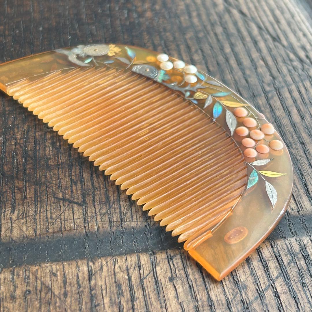 アンティーク　白甲に螺鈿さんご真珠　春風作　かんざし笄セット