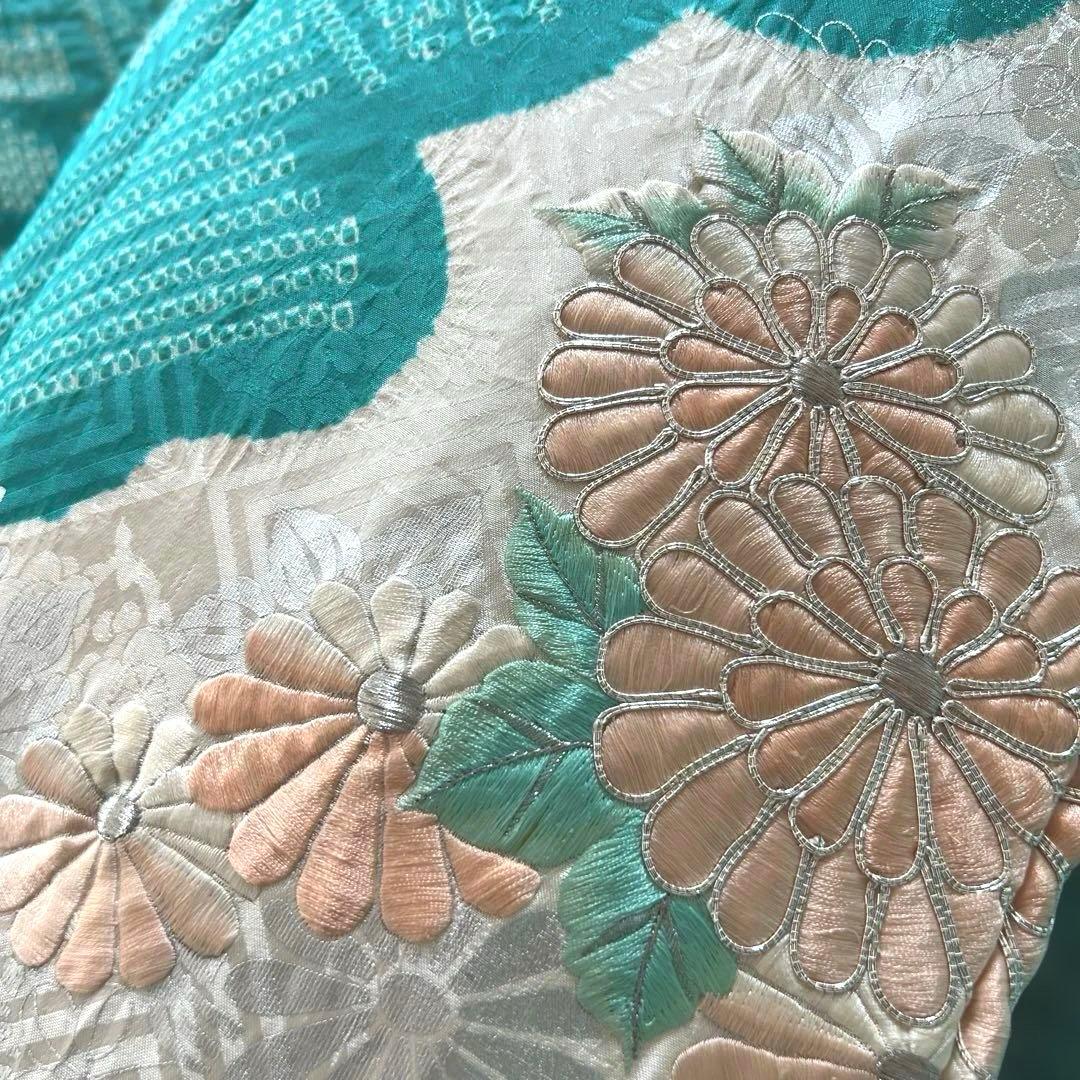 428 振袖フルセット 正絹 青緑 ピーコックグリーン 銀彩 駒刺繍 刺繍 絞り