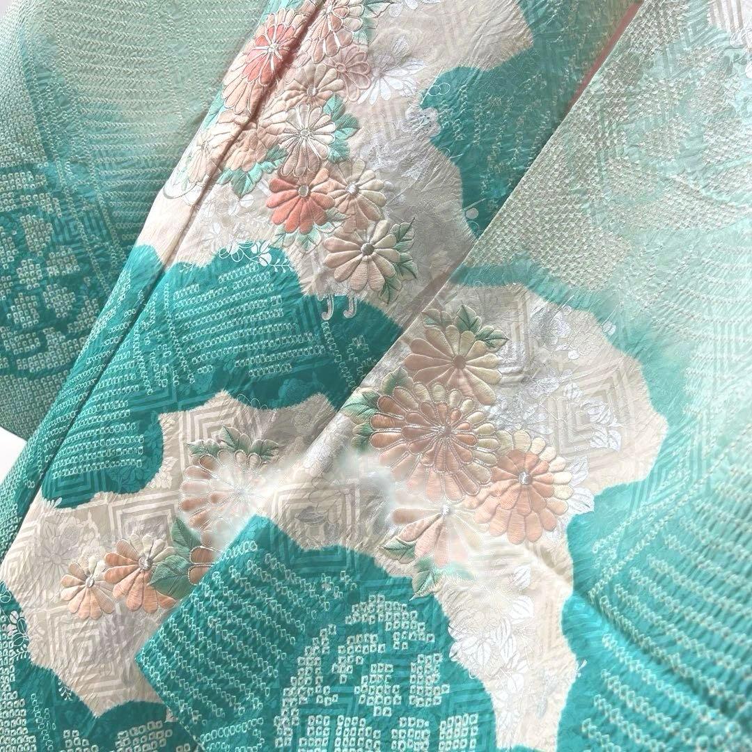 428 振袖フルセット 正絹 青緑 ピーコックグリーン 銀彩 駒刺繍 刺繍 絞り