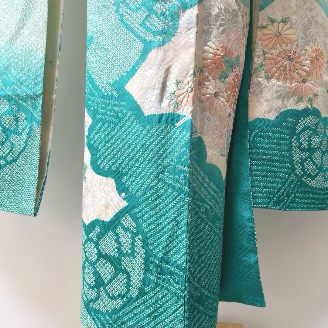 428 振袖フルセット 正絹 青緑 ピーコックグリーン 銀彩 駒刺繍 刺繍 絞り