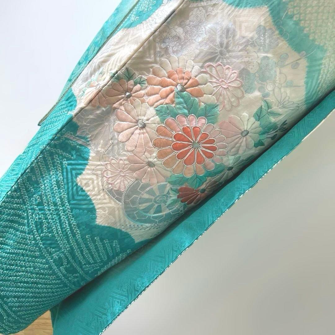 428 振袖フルセット 正絹 青緑 ピーコックグリーン 銀彩 駒刺繍 刺繍 絞り