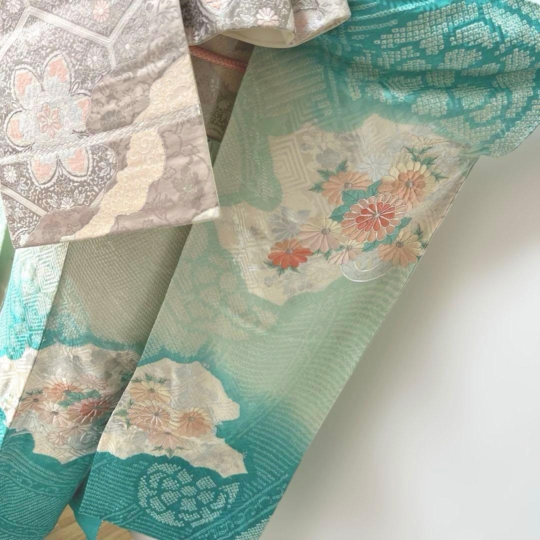 428 振袖フルセット 正絹 青緑 ピーコックグリーン 銀彩 駒刺繍 刺繍 絞り