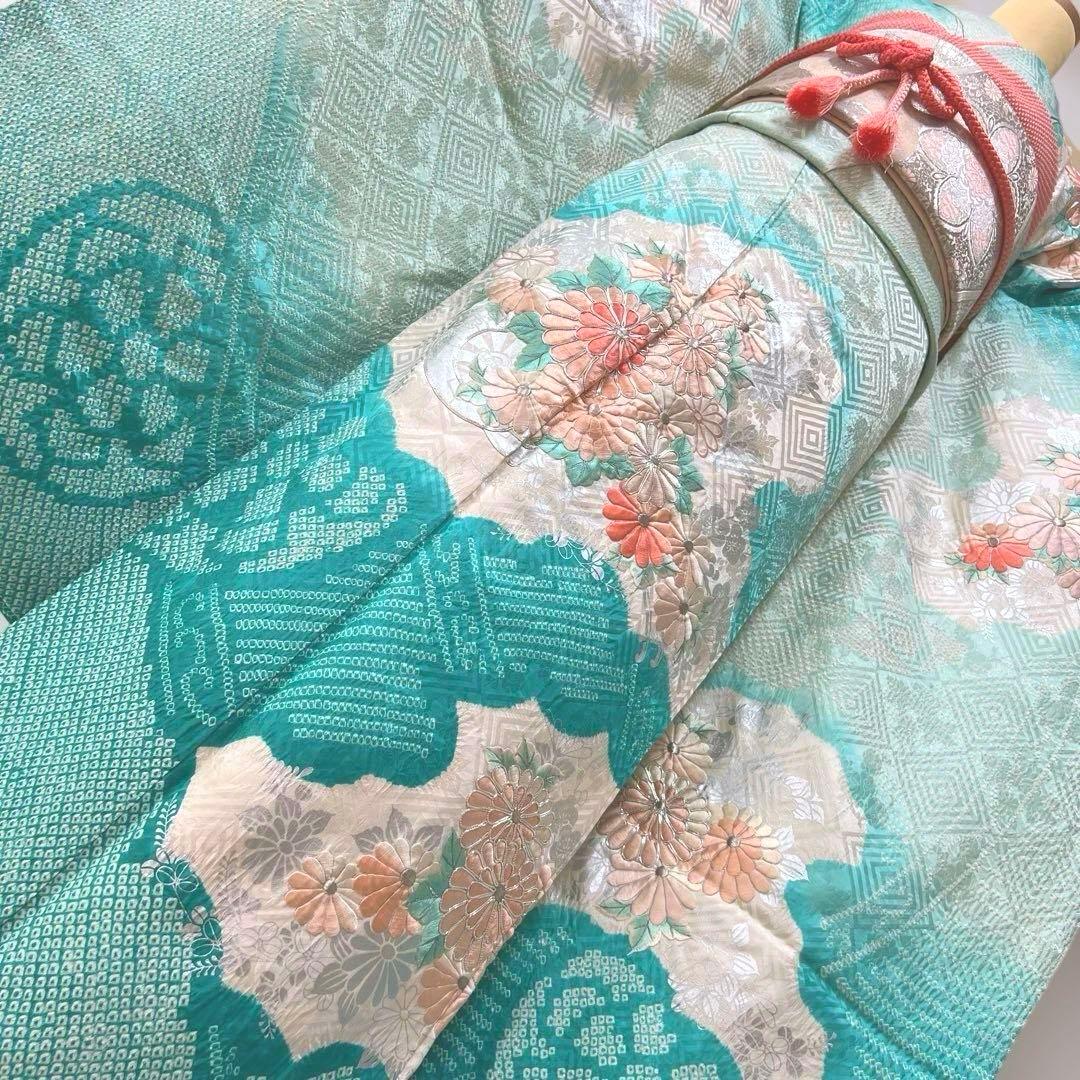 428 振袖フルセット 正絹 青緑 ピーコックグリーン 銀彩 駒刺繍 刺繍 絞り