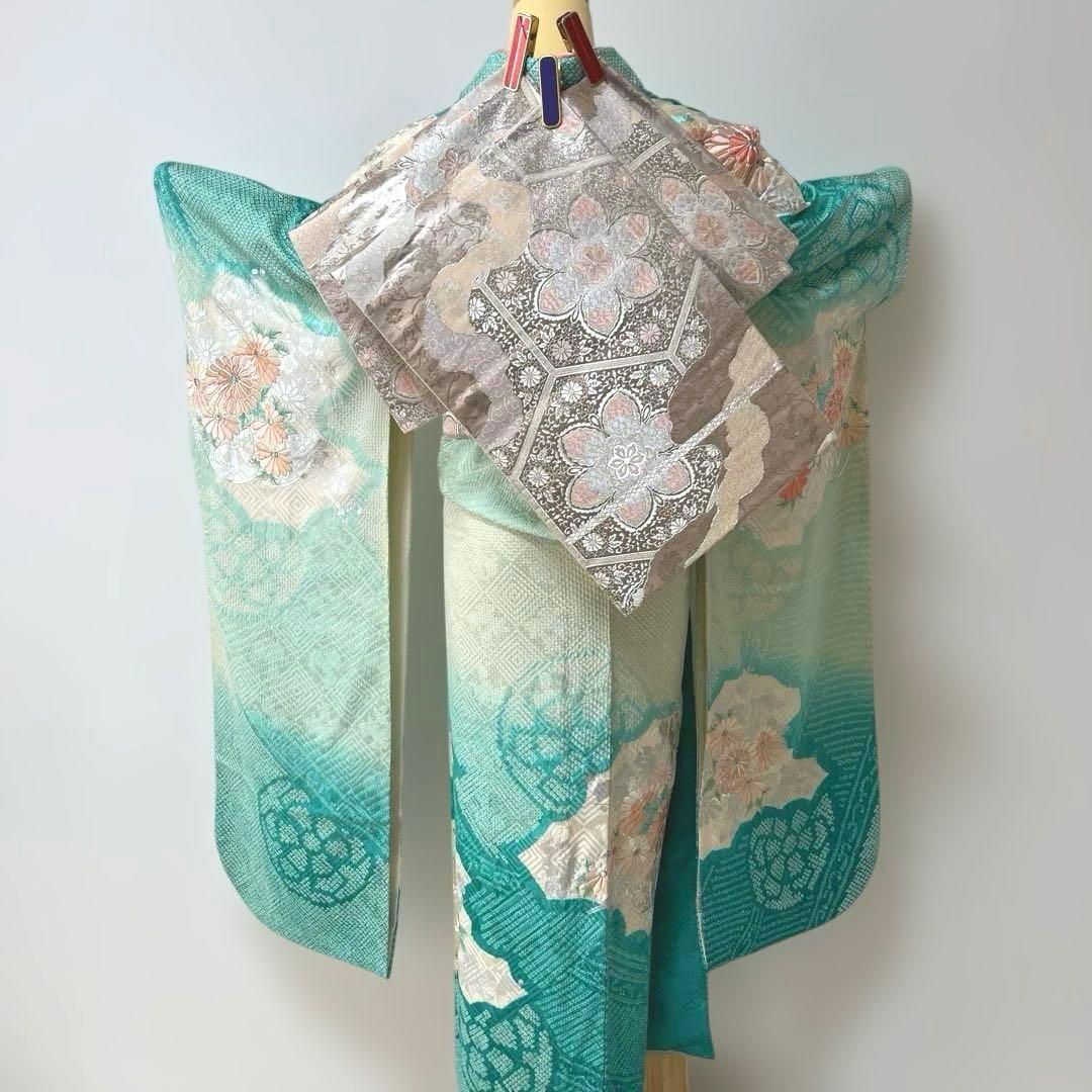 428 振袖フルセット 正絹 青緑 ピーコックグリーン 銀彩 駒刺繍 刺繍 絞り