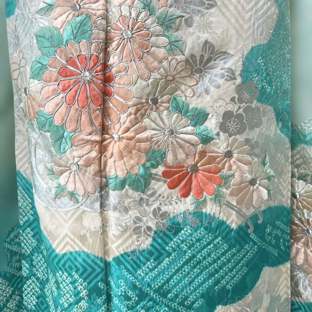 428 振袖フルセット 正絹 青緑 ピーコックグリーン 銀彩 駒刺繍 刺繍 絞り