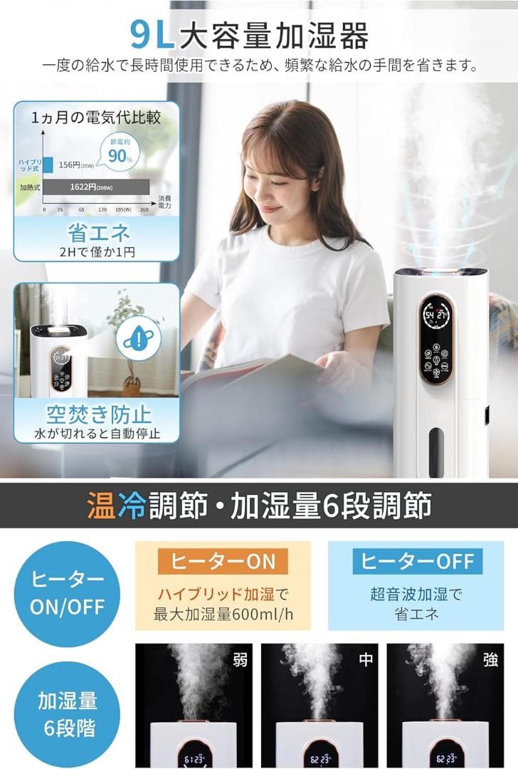 ハイブリッド式加湿器 AI知能恒湿 超音波式 除菌 マイナスイオン 空気清浄