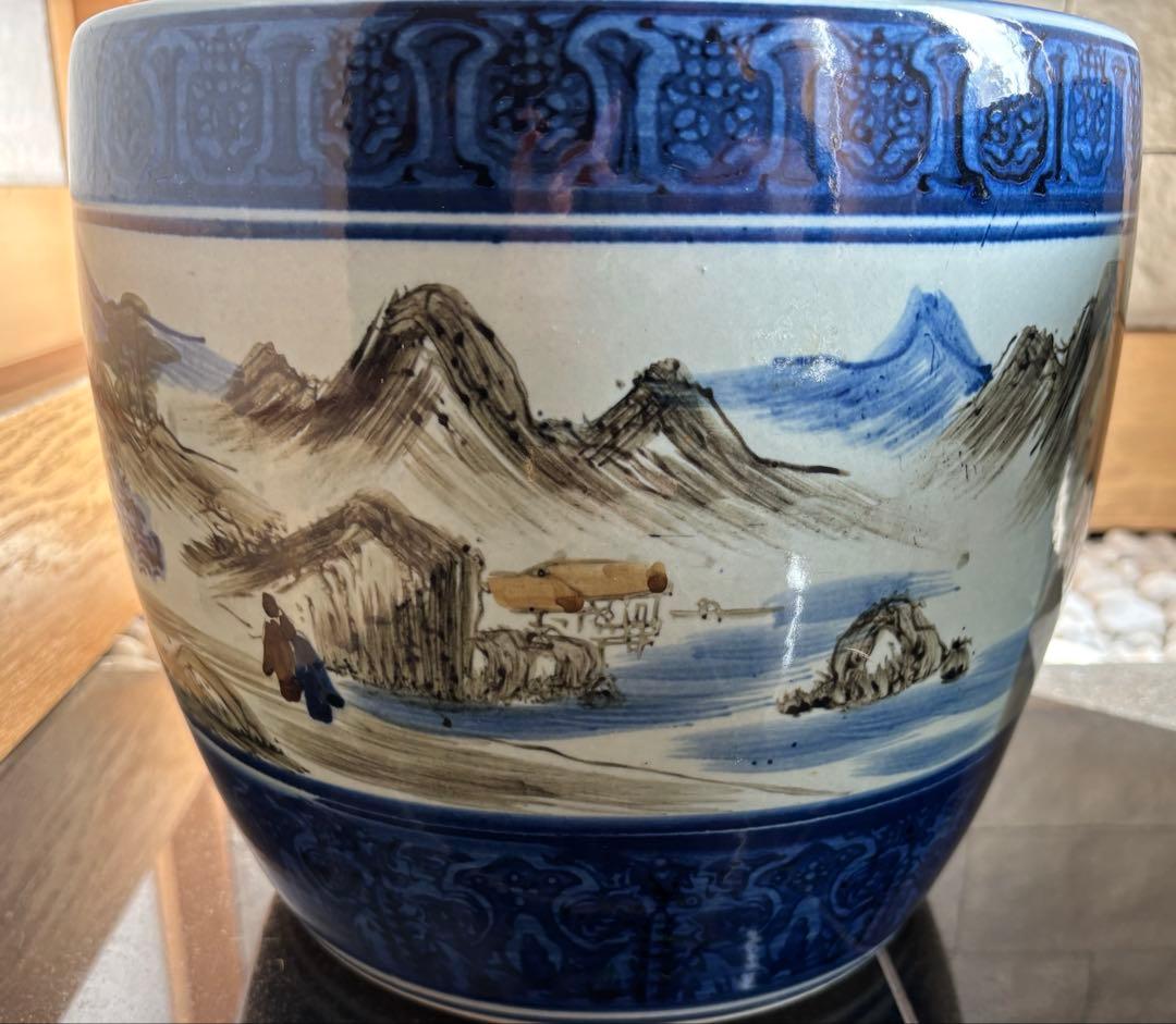 たちばな焼 火鉢 一対 染付 山水文様 昭和レトロ 陶器 メダカ 2個