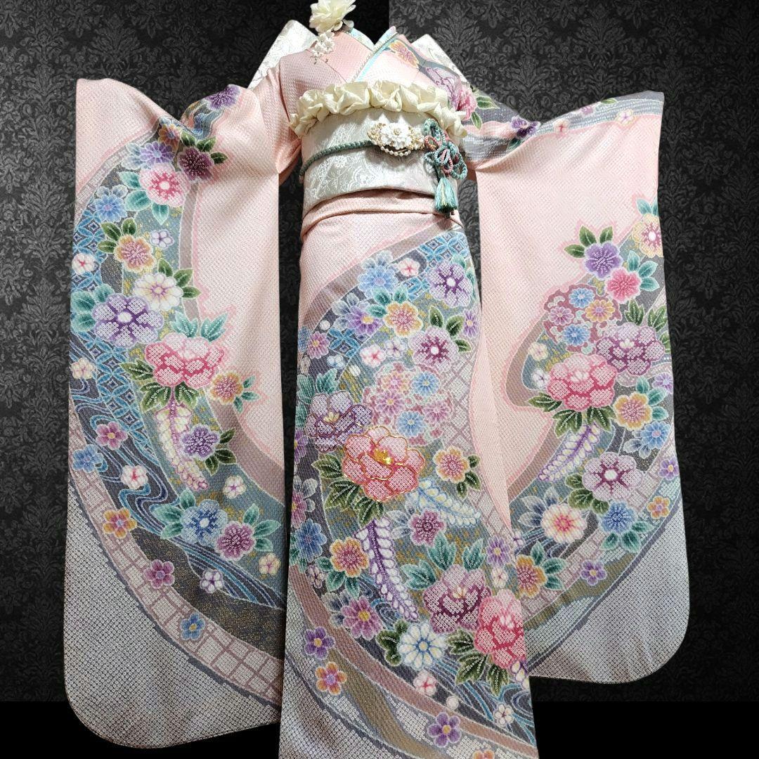 振袖フルセット(8点)・成人式・総絞り・エンボス加工・胴裏正絹・正絹・逸品