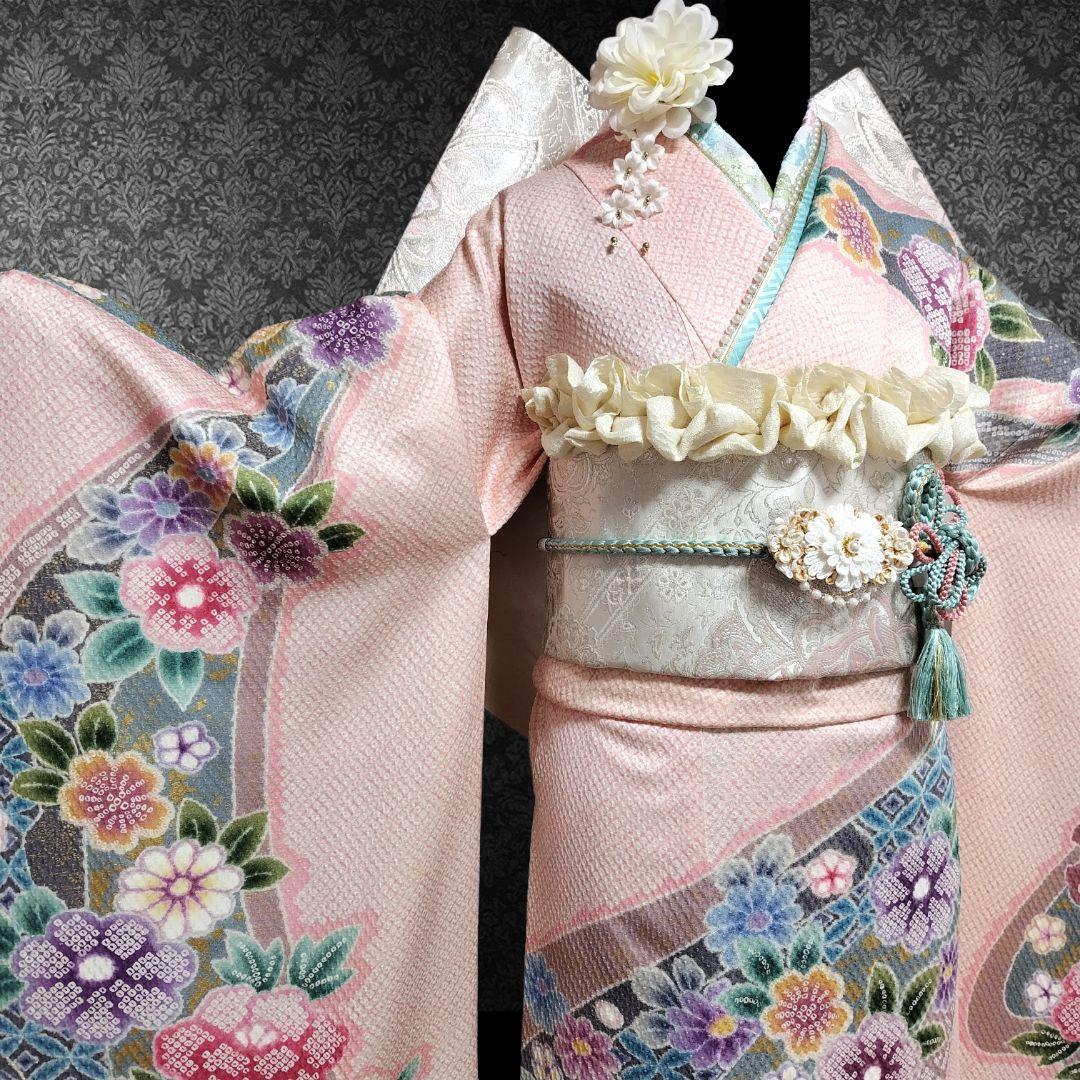 振袖フルセット(8点)・成人式・総絞り・エンボス加工・胴裏正絹・正絹・逸品