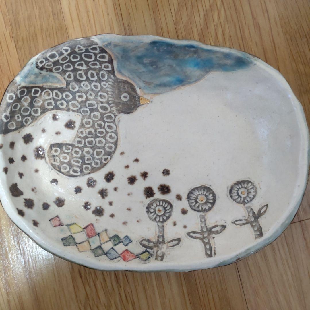 鳥と花の陶器皿 楕円形　ミシャコシャ