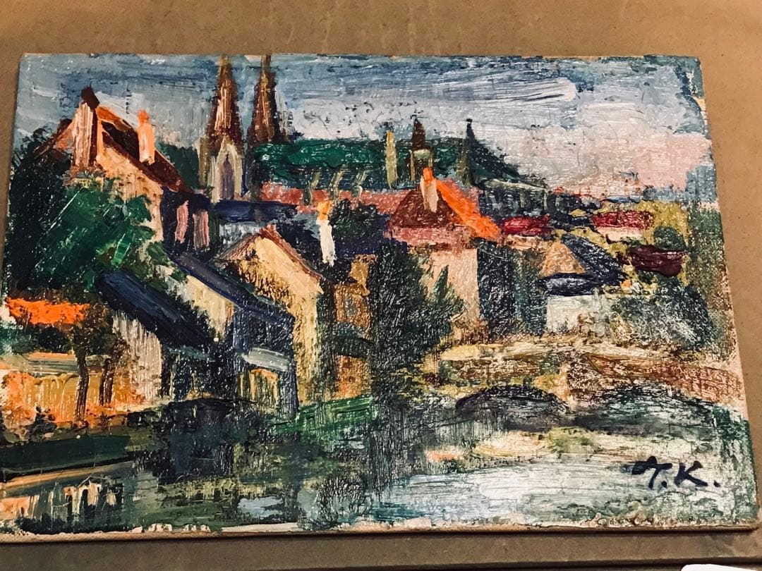 洋画家・小橋川嗣・1970s・五月のシャルトル風景 P0寸・精密油彩画・高級額装