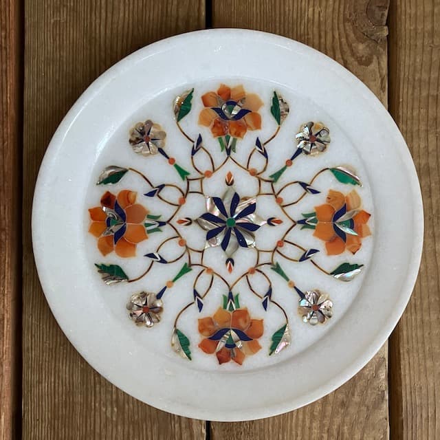 インド 工芸品 天然石 象嵌 細工 花模様 大理石 プレート 蝶貝 ヴィンテージ