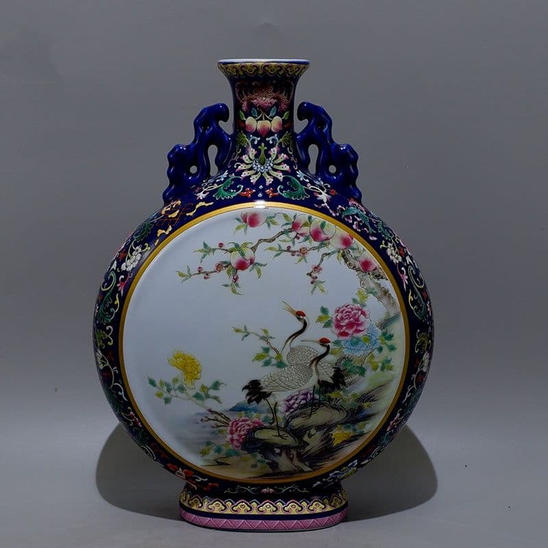 藍地琺瑯彩纏枝両面開窓花鳥抱月瓶 景徳鎮陶磁器 装飾品 現代工芸品 美術品 置物