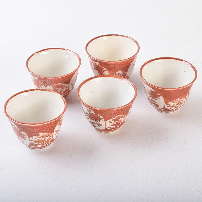 九谷焼　古九谷　赤絵金彩　花文　煎茶器　盃　五客　M　R9152