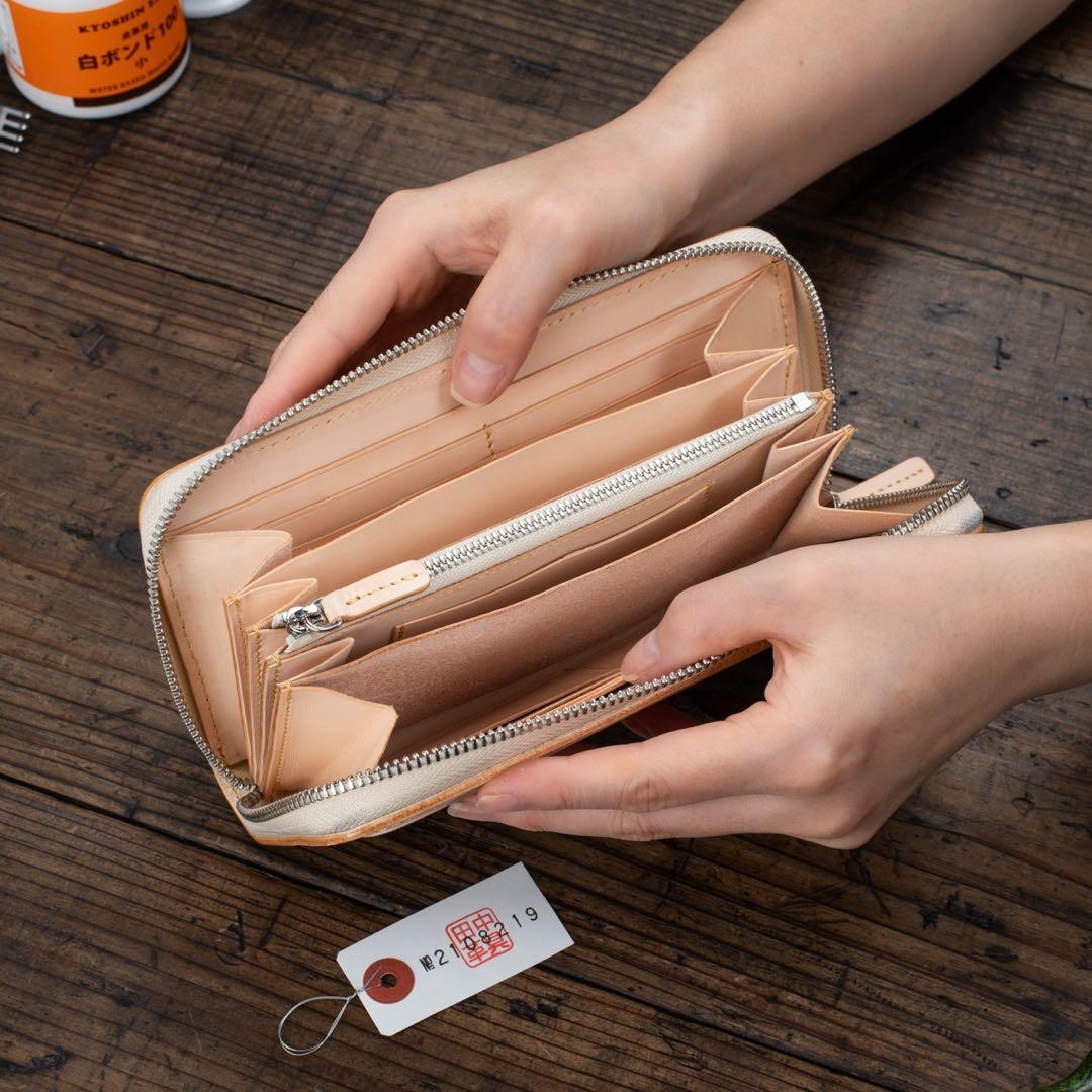 メンズ 本革 フルレザー 長財布 ラウンドファスナー 生成り ハンドメイド