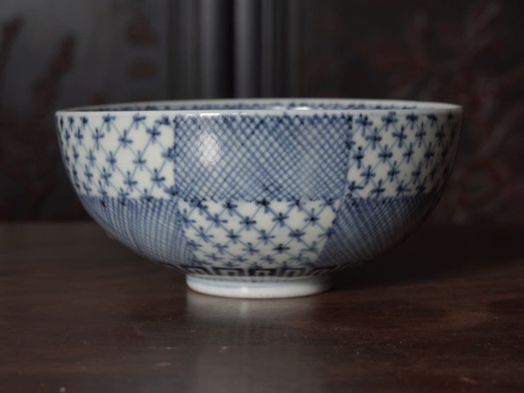 送料無料　江戸中期〜後期　古伊万里　染付　市松紋　鉢　盛鉢　菓子器　ボウル