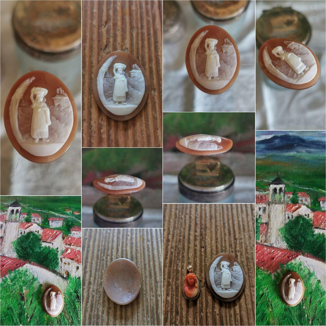 アンティークカメオ イタリア 洗濯物を運ぶ女性 人物風景画 ボビン編刺繍レース付