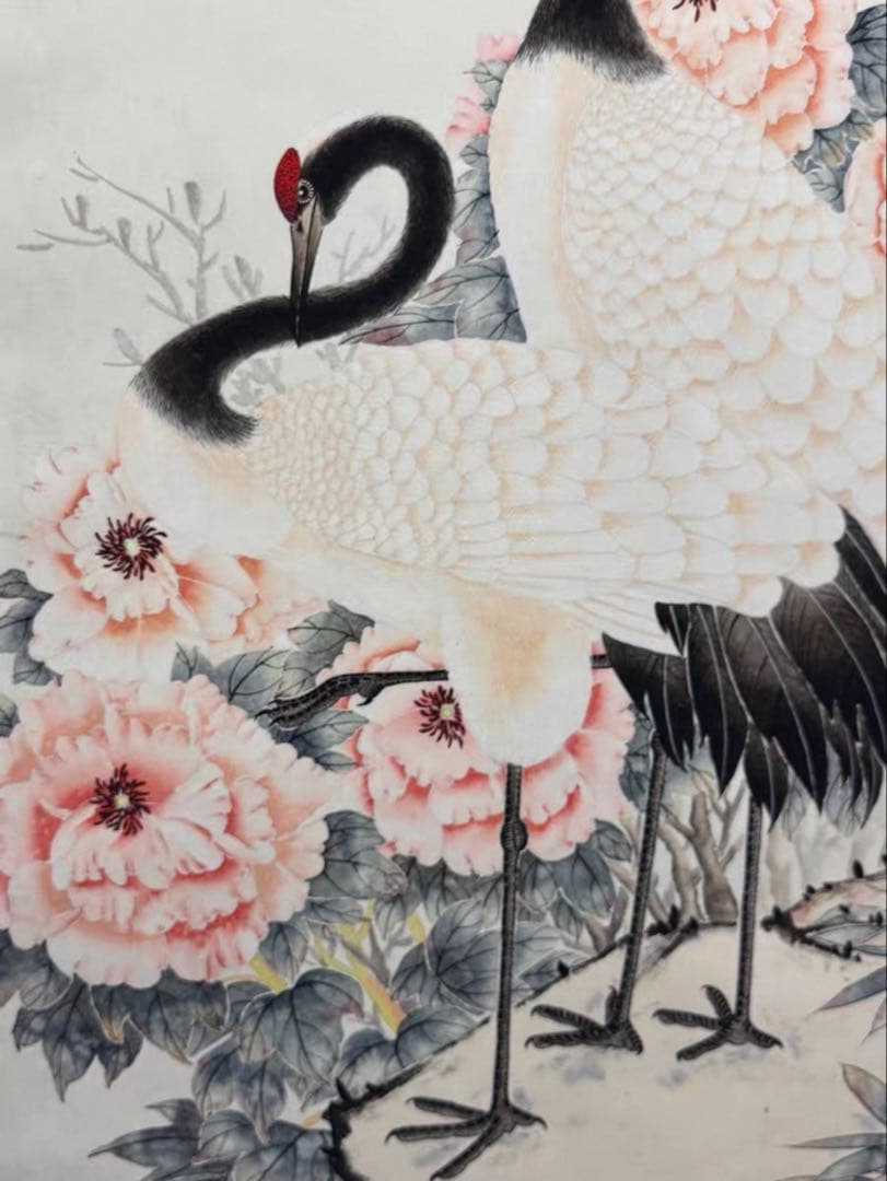 沈銓「牡丹双鶴図」大四尺 中堂掛軸　宣紙 手工表装　180×69cm