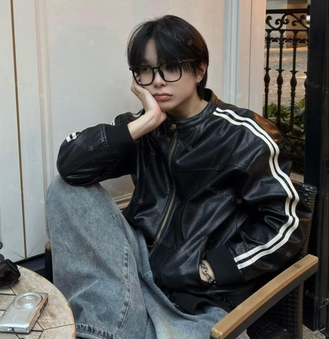 ジャケット・アウター Y2k line leather jacket black Luvcode xu