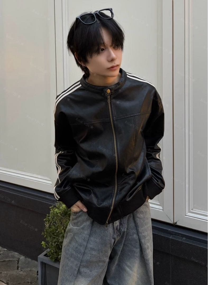 ジャケット・アウター Y2k line leather jacket black Luvcode xu