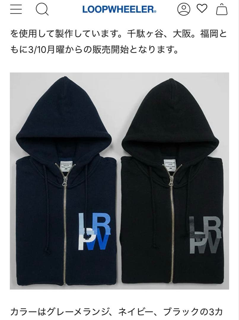 【新品】ループウィラー L.P.R.W. 吊り編みフルジップフーディ ネイビー